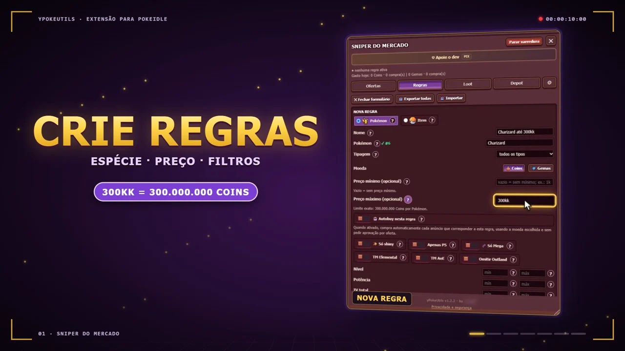 Trecho real do trailer mostrando os filtros de uma regra do Sniper do Mercado